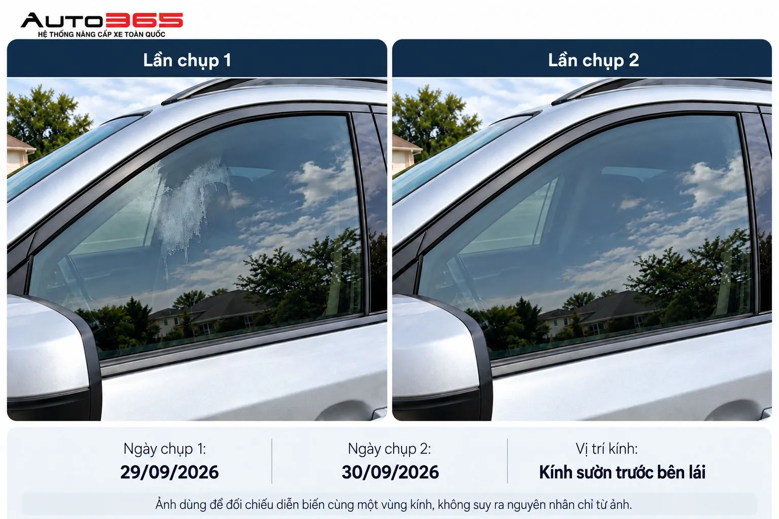 Cùng vùng kính sườn trước bên lái ghi nhận ngày 29/09 và 30/09/2026 để đối chiếu diễn biến