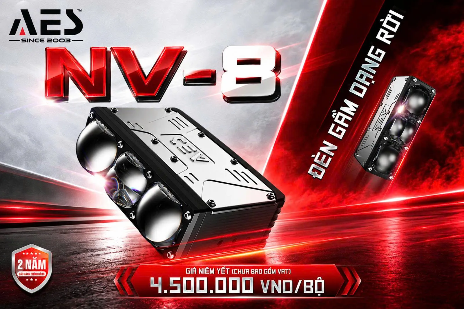 Hình minh họa đèn gầm dạng rời AES NV-8, có thông tin giá tham khảo cần xác nhận tại thời điểm mua