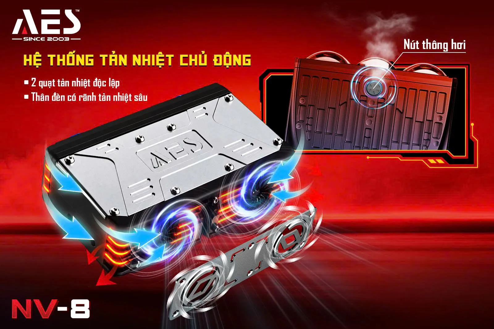 Hình minh họa hai quạt tản nhiệt và nút thông hơi AES NV-8