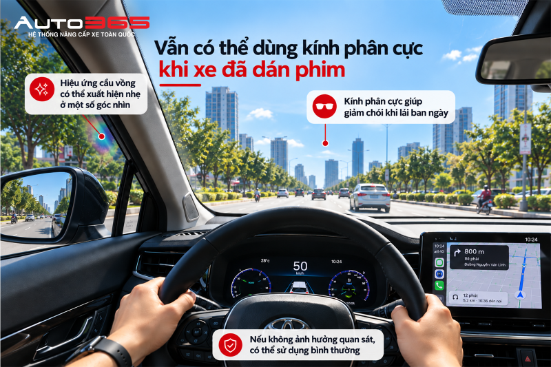 Hình minh họa: Kính phân cực vẫn có thể sử dụng khi xe đã dán phim nếu hiệu ứng cầu vồng nhẹ và không ảnh hưởng khả năng quan sát