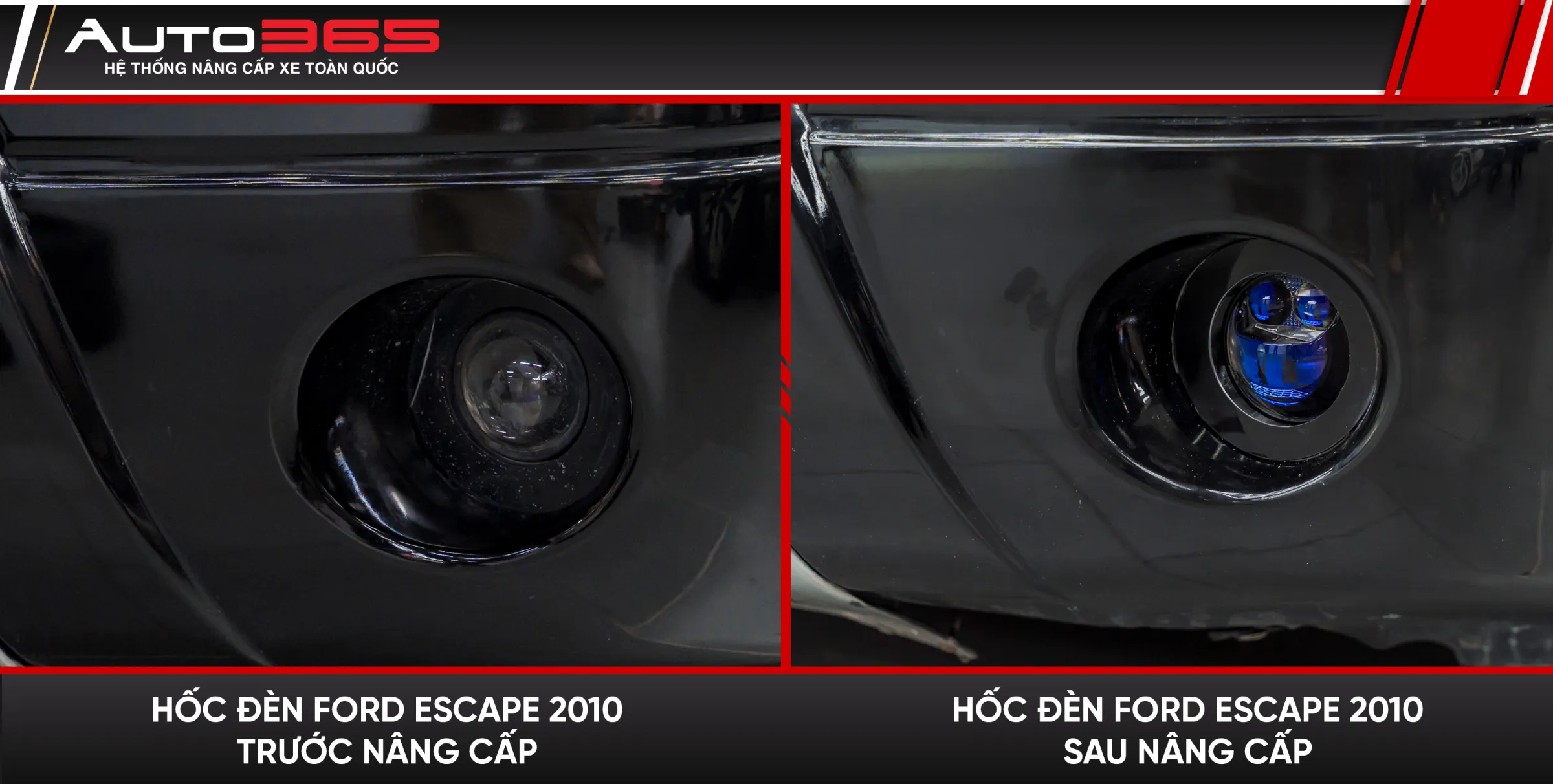 Ngoại quan hốc đèn trên xe đời 2010 trước và sau nâng cấp; ảnh không dùng để định lượng mức tăng sáng.