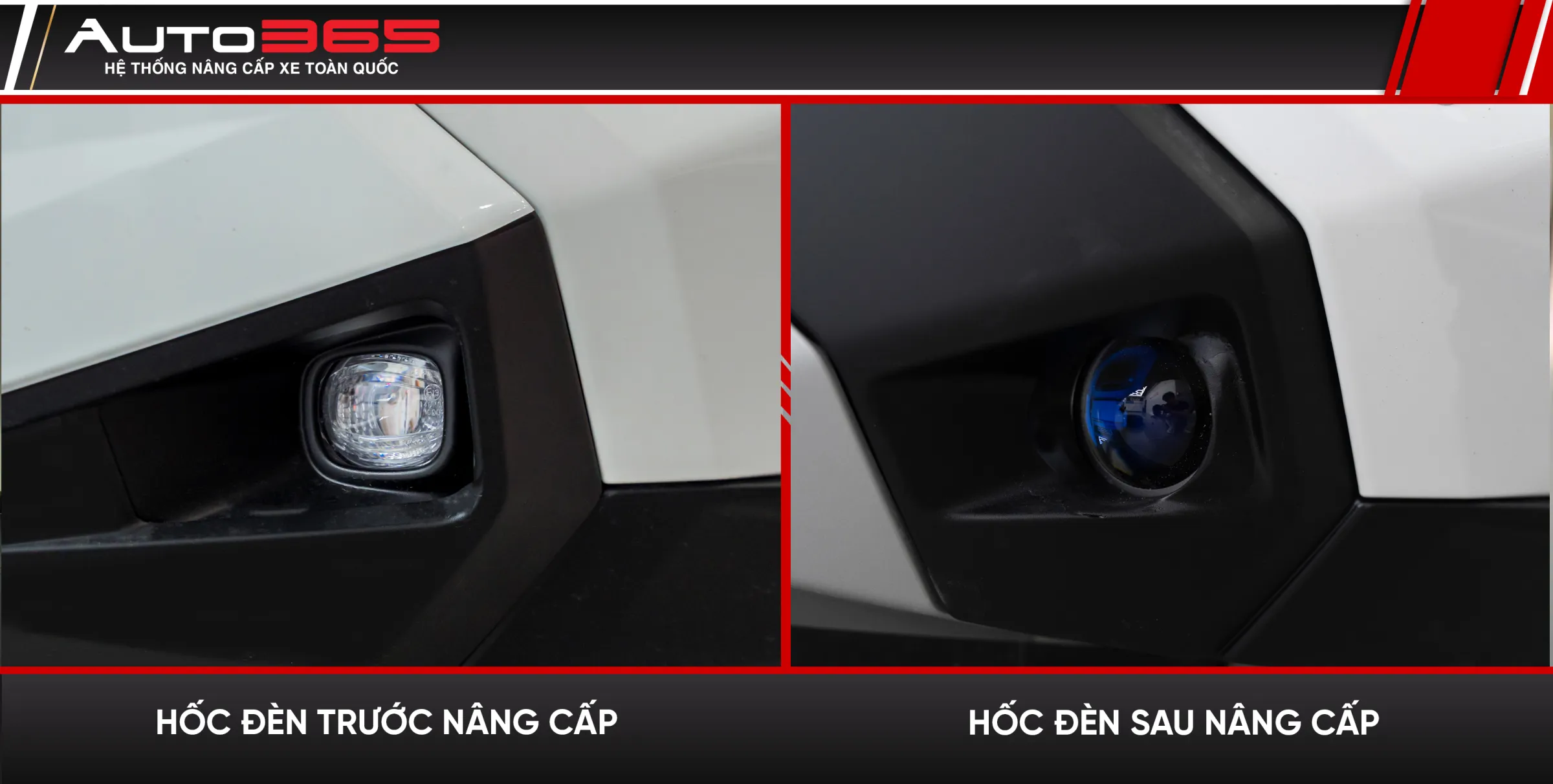 Ngoại quan hốc đèn trước và sau nâng cấp; ảnh không thể hiện đầy đủ phương án gá và đấu nối.