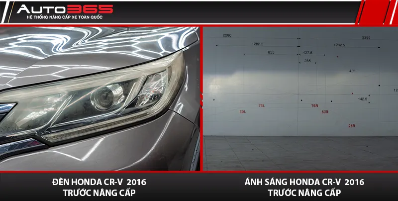 Cận cảnh cụm đèn pha ố mờ và biểu đồ ánh sáng yếu đo trên bảng căn chỉnh của Honda CR-V 2016 trước nâng cấp.