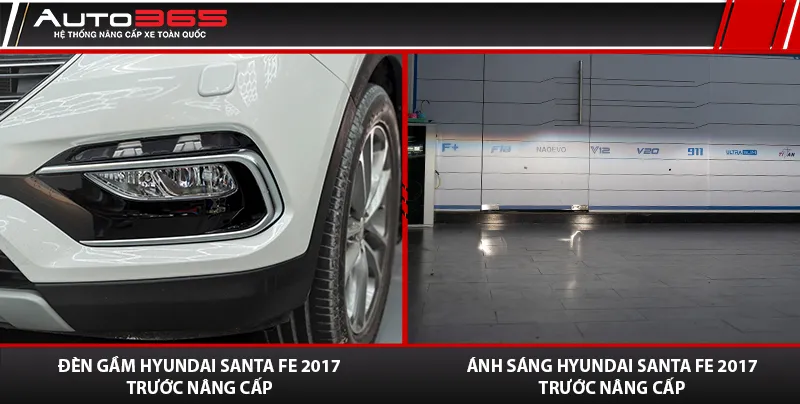 Cụm đèn gầm halogen trên Santa Fe 2017 trước nâng cấp.