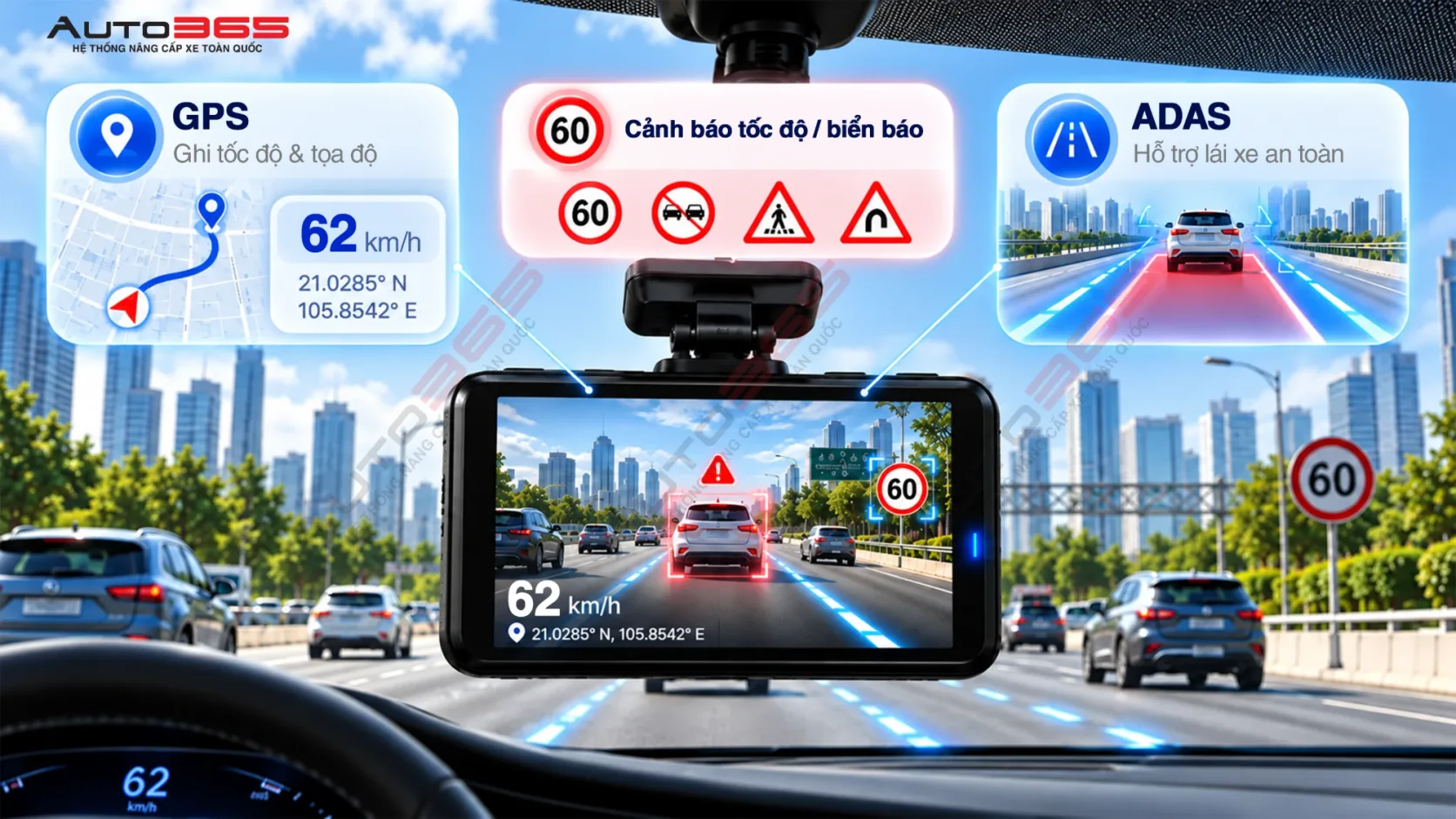 So sánh GPS, cảnh báo tốc độ/biển báo và ADAS trên camera hành trình: GPS ghi tốc độ và tọa độ, cảnh báo tốc độ nhắc giới hạn theo phần mềm, ADAS hỗ trợ lái như cảnh báo lệch làn và va chạm