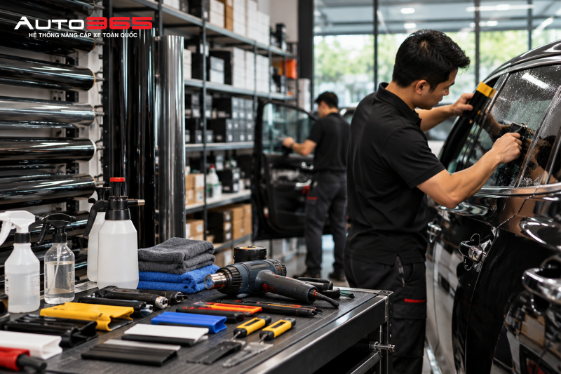 Kệ phim, vật tư và bộ dụng cụ phục vụ thi công tại khu vực dán phim ô tô