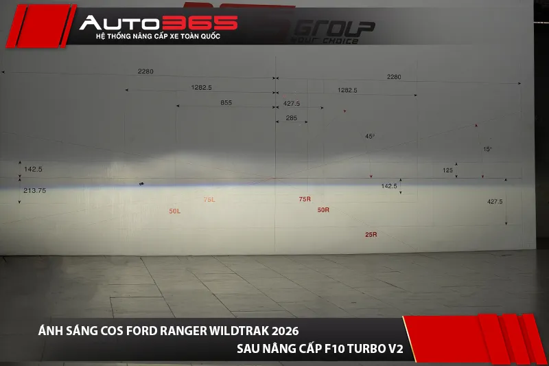 Vùng chiếu chế độ Cos của bi gầm X-Light F10 Turbo V2 trên Ford Ranger Wildtrak 2026