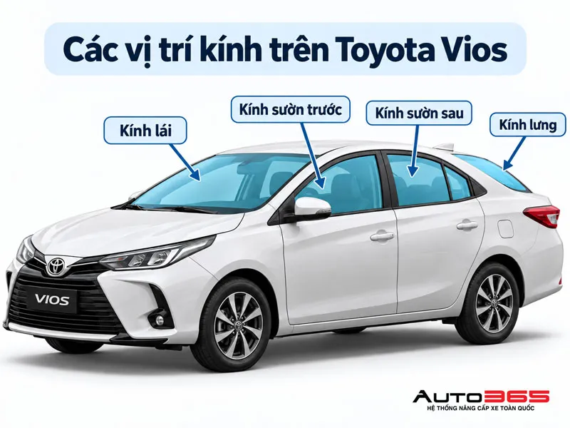 Sơ đồ các vị trí kính cần lựa chọn phim cách nhiệt 3M Toyota Vios