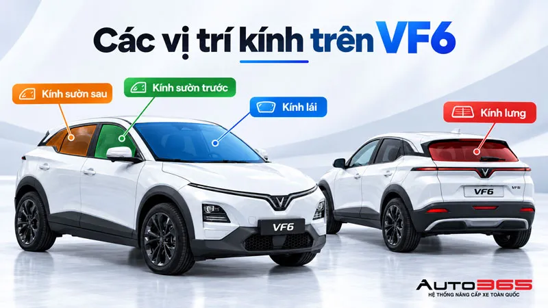 Sơ đồ kính lái, kính sườn trước, kính sườn sau và kính lưng VinFast VF6 khi lựa chọn phim cách nhiệt 3M.