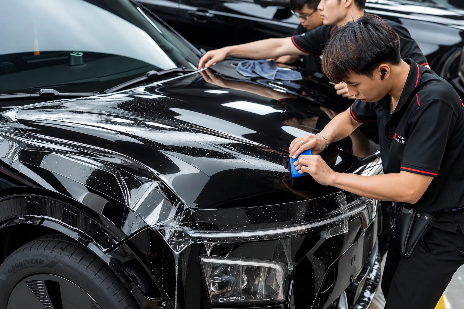 Kỹ thuật viên dán PPF VinFast VF7 tại khu vực đầu xe