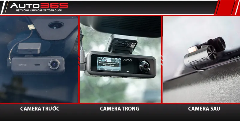 Ảnh ghép minh họa camera ghi phía trước, trong khoang xe và phía sau.