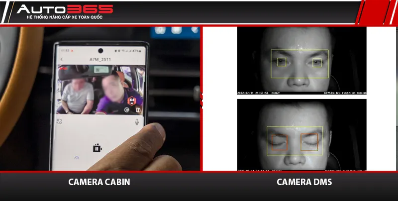 Minh họa khác biệt giữa camera ghi khoang hành khách và camera DMS hướng người lái.