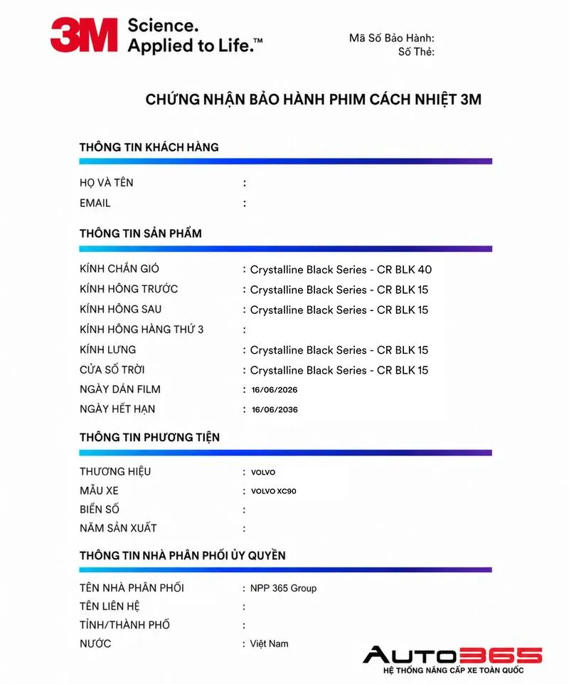 Chứng nhận bảo hành điện tử phim cách nhiệt 3M CR BLK Pro trên Volvo XC90