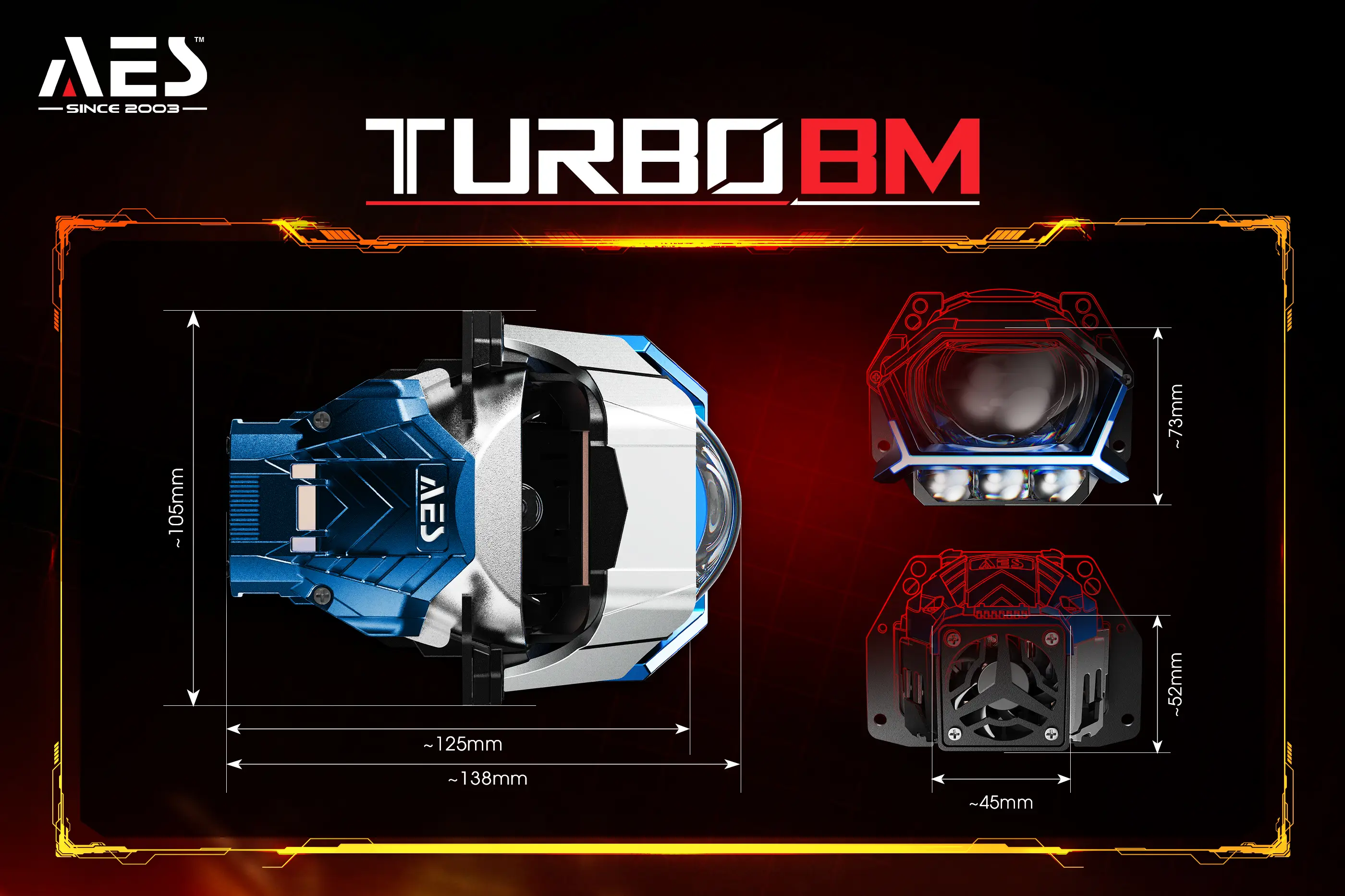 Kích thước, hình dáng thân đèn và viền Daylight của AES Turbo BM