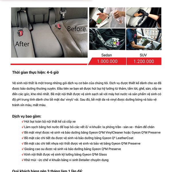 Bảng giá VỆ SINH NỘI THẤT chăm sóc xe hơi chuyên nghiệp tại Auto365