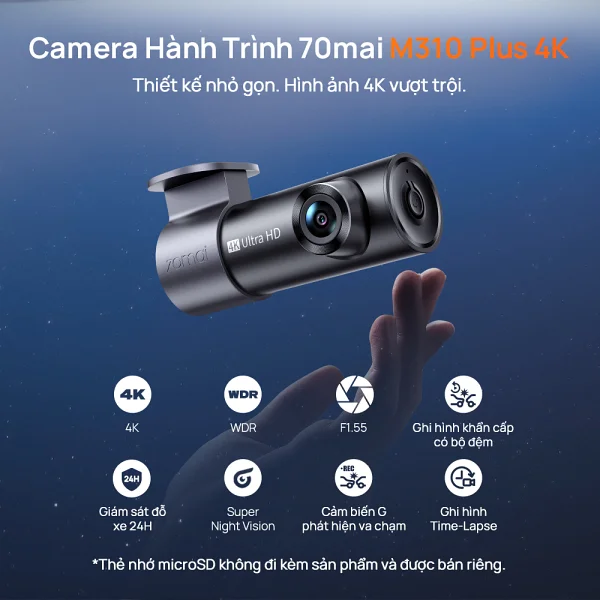 Camera hành trình 70mai M310 Plus 4K, ống kính xoay 360°