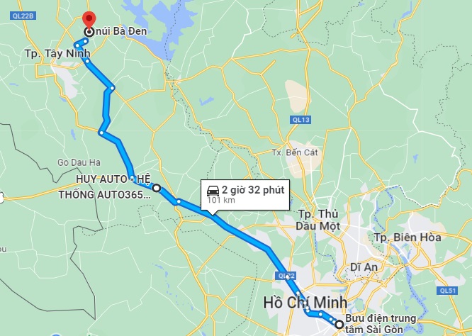 Đường đi từ Hồ Chí Minh đến núi Bà Đen